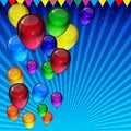 Birthday party vector background - colorful festive balloons, confetti, ribbons flying for celebrations card in blue background Royalty Free Stock Photo