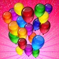 Birthday party vector background - colorful festive balloons, confetti, ribbons flying for celebrations card in pink background Royalty Free Stock Photo
