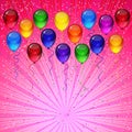 Birthday party vector background - colorful festive balloons, confetti, ribbons flying for celebrations card in pink background Royalty Free Stock Photo