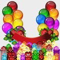 Birthday party background - colorful festive balloons, flowers of roses, ribbons flying for celebrations card in isolated Royalty Free Stock Photo