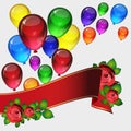 Birthday party vector background - colorful festive balloons, flowers of roses, ribbons flying for celebrations card in isolated Royalty Free Stock Photo