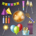 Birthday party vector cartoon happy birth celebration with gifts or balloons on anniversary set of discoball or candle