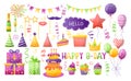 Birthday party vector illustration set, cartoon element for fun happy anniversary day celebrate, gift decoration icons Royalty Free Stock Photo