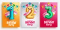 Birthday party vector poster set design. Birthday greeting text lay out collection with inflatable number balloons