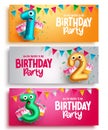 Birthday party vector set design. Character balloons in one, two, three number balloon collection Royalty Free Stock Photo