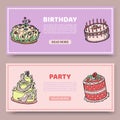 Birthday party or wedding anniversary vector set of banners with birthday cakes on lily and rose background. Pound cake Royalty Free Stock Photo