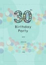 30 birthday party written in black with coloured circles, invite with details on blue background