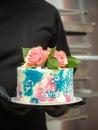 teal pink toned frosted cake with real roses topping for happy birth day party