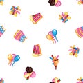 Birthday pattern background. Sweet cake with candles for celebration party, cake, confectionery cupcakes, colorful