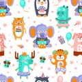 Birthday pattern of cute animals with cakes and gifts. Vector illustration.