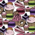 Birthday pattern with sweets - ice cream, donuts, cupcakes, chocolate bar, candies Royalty Free Stock Photo