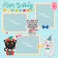 Birthday Photo Frames With Cute Cats. Decorative Template For Baby, Family Or Memories. Scrapbook Vector Illustration. Royalty Free Stock Photo