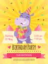 Birthday placard poster invitation for kids party with hippo happy animal