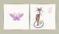 Birthday postcard with cute cat and butterfly for