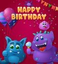 Birthday poster with blue and purple monsters Royalty Free Stock Photo