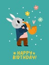 Birthday poster with cute animal. Holiday greeting card. Forest musician with music instrument. Zoo jazz band. Rabbit