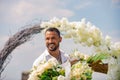 Birthday, preparing to party, celebration. Attractive male model on party, comes to congratulate, celebrates festive Royalty Free Stock Photo