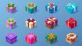 Birthday present reward loot for gui mobile app. Casino trophy package achievement set. Isometric giveaway open and Royalty Free Stock Photo