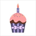 Birthday purple cupcake with ribbon, candle burning, sprinkles and pink sugar icing. Birthday clipart cupcake cartoon. Royalty Free Stock Photo