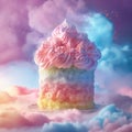 Birthday rainbow cake with colorful cream and clouds in the sky.