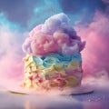 Birthday rainbow cake with colorful cream and clouds in the sky. Royalty Free Stock Photo