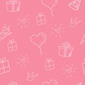 Seamless pattern with gift boxes, party hats, crowns and balloons on pink background. Royalty Free Stock Photo