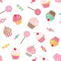 Birthday seamless pattern background with cupcakes, sweets, candies.