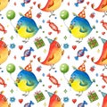 Birthday seamless pattern with birds, gift. Christmas, new year. Watercolor cartoon hero for party. Hand drawn background.