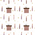 Birthday seamless pattern with cake candles, presend box and stars Royalty Free Stock Photo