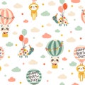 Birthday seamless pattern with cute animals. Vector hand drawn cartoon illustration of festive elements and funny Royalty Free Stock Photo