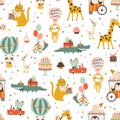 Birthday seamless pattern with cute animals. Vector hand drawn cartoon illustration of festive elements and funny Royalty Free Stock Photo