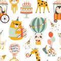 Birthday seamless pattern with cute animals. Vector hand drawn cartoon illustration of festive elements and funny Royalty Free Stock Photo