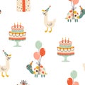 Birthday seamless pattern with cute animals. Vector hand drawn cartoon illustration of festive elements and funny Royalty Free Stock Photo