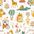 Birthday seamless pattern with cute animals. Vector hand drawn cartoon illustration of festive elements and funny Royalty Free Stock Photo