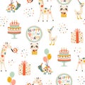 Birthday seamless pattern with cute animals. Vector hand drawn cartoon illustration of festive elements and funny Royalty Free Stock Photo