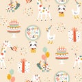 Birthday seamless pattern with cute animals. Vector hand drawn cartoon illustration of festive elements and funny Royalty Free Stock Photo