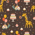 Birthday seamless pattern with cute animals. Vector hand drawn cartoon illustration of festive elements and funny Royalty Free Stock Photo