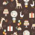 Birthday seamless pattern with cute animals. Vector hand drawn cartoon illustration of festive elements and funny Royalty Free Stock Photo