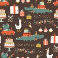 Birthday seamless pattern with cute animals. Vector hand drawn cartoon illustration of festive elements and funny Royalty Free Stock Photo