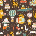 Birthday seamless pattern with cute animals. Vector hand drawn cartoon illustration of festive elements and funny Royalty Free Stock Photo