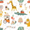 Birthday seamless pattern with cute animals. Vector hand drawn cartoon illustration of festive elements and funny Royalty Free Stock Photo