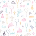 Birthday seamless pattern. Cute doodle background. Happy Birthday. Hand drawn party theme Royalty Free Stock Photo