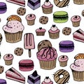 Birthday seamless pattern with sweets - ice cream, donuts, cupcakes, chocolate bar, candies Royalty Free Stock Photo