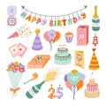 Cute hand drawn birthday set. Trendy holiday elements, party decoration, cupcakes, candles, gifts, balloons, party hat