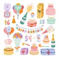 Cute hand drawn birthday set. Trendy holiday elements, party decoration, cupcakes, candles, gifts, balloons, party hat