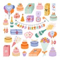 Cute hand drawn birthday set. Trendy holiday elements, party decoration, cupcakes, candles, gifts, balloons, party hat