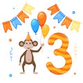 Birthday set with monkey and number three. Cartoon style. Vector