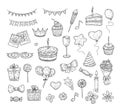 Birthday sketch. Happy birthday celebration party hand drawn items. Cake kids holiday doodle art drawing vector elements