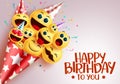 Birthday smiley bouquet vector design. Happy birthday to you greeting text in red empty space with smiley emoji in party hat. Royalty Free Stock Photo