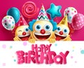 Birthday smiley clown vector design. Happy birthday text with emoji celebration characters in funny faces and balloons decoration Royalty Free Stock Photo